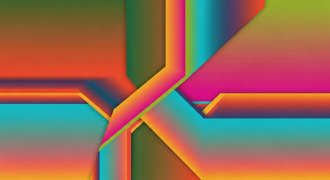 Vibrant intersecting geometric planes form a dynamic visual display where vivid multi-colored gradient layers overlap to create a compelling sense of depth across this energetic artistic