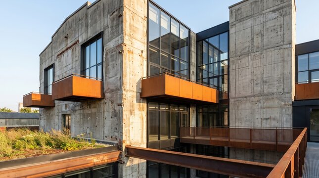 Industrial concrete warehouse converted into modern residential office spaces area.