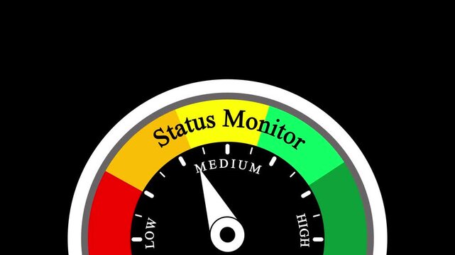Status monitor gauge animation: measuring performance levels from low to with dynamic needle movement