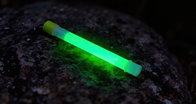 Green glow stick rests on textured rock surface in dim light. Useful tool for night outdoor activities providing emergency illumination and signaling.
