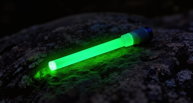 Green glow stick rests on textured rock surface in dim light. Useful tool for night outdoor activities providing emergency illumination and signaling.
