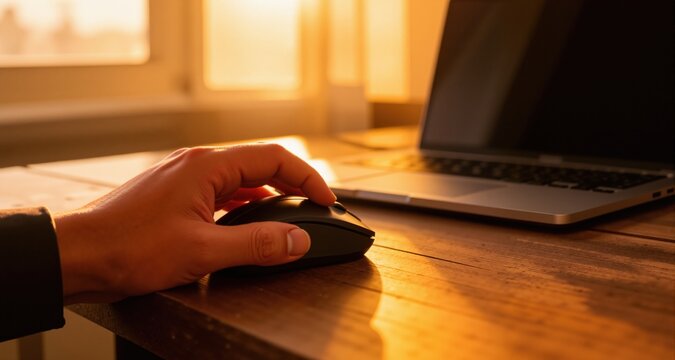 hand using computer mouse on wooden desk with laptop in golden hour light
