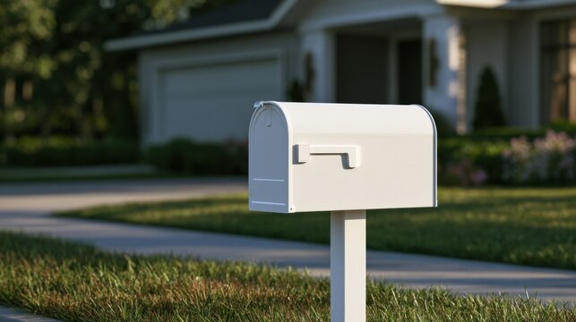 White mailbox on post in front of suburban house, residential mail delivery concept
