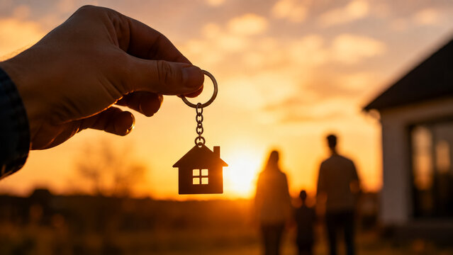 Hand holding glowing house key at sunset symbolizing new home ownership and real estate success