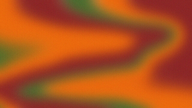 Abstract grainy gradient background with orange, red and green blurred wavy color texture.
