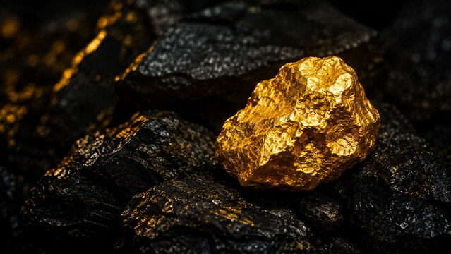 Raw gold nugget resting on dark black coal rocks, precious metal mining concept.