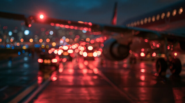 Blurred Airplane on Airport Tarmac at Night with Bokeh Lights