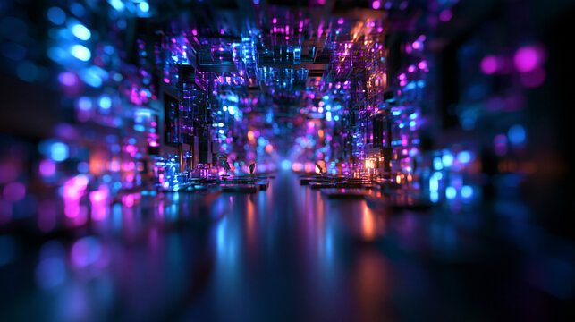 Futuristic Data Tunnel with Glowing Neon Cyber Circuits