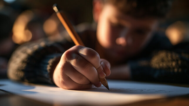 Child Writing with Pencil on Paper Close Up