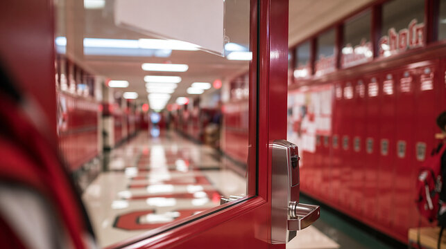 School Hallway with Red Lockers Viewed Through Open Door