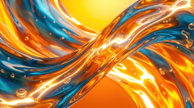 Dynamic intertwined liquid streams in vibrant orange and blue, with glowing highlights.