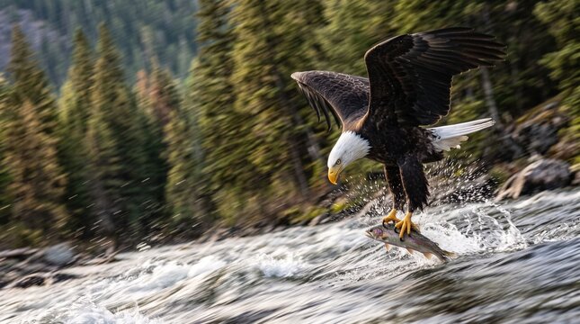 Bald Eagle Catching Fish in River Stream