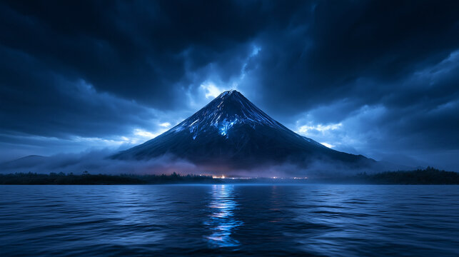 Majestic Volcanic Mountain Peak Reflecting in Lake at Night