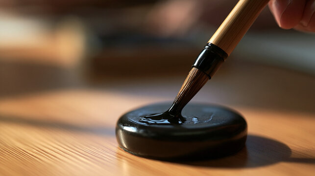 Calligraphy Brush Dipping into Black Ink on Wooden Surface