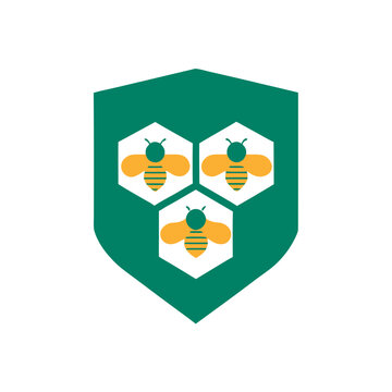 Beehive honeycomb shield icon with three bees symbol concept