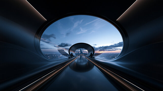 Futuristic Hyperloop Tunnel Facing Modern City Skyline at Sunset