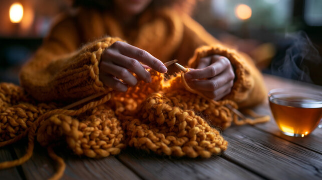 Woman Knitting Warm Yellow Wool Sweater at Wooden Table