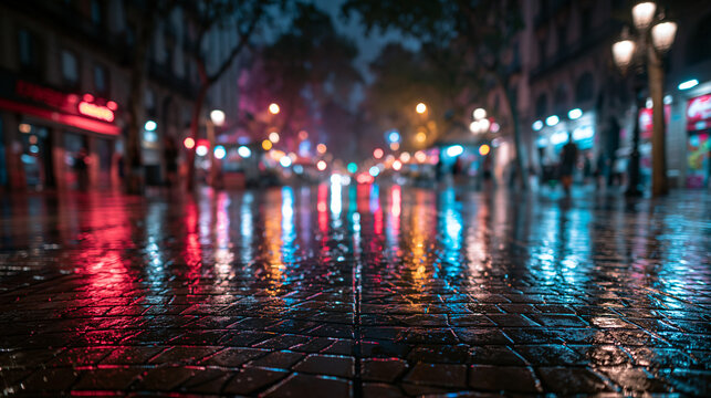Wet City Street at Night with Bokeh Lights and Reflections