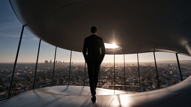 Executive Standing in Modern Architecture Looking Over City Skyline