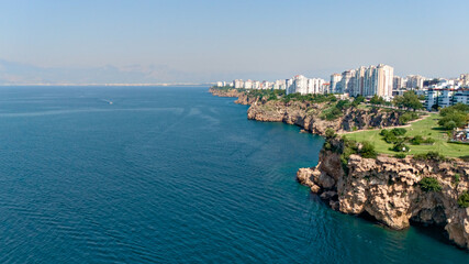 Naklejka premium Aerial view of rocky Mediterranean coastline in Antalya, Turkey