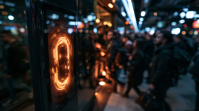 Biometric Fingerprint Scanner Terminal in Crowded Public Transit Station