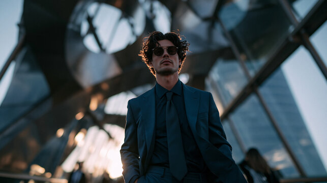 Confident Businessman in Suit Standing Near Modern Architecture