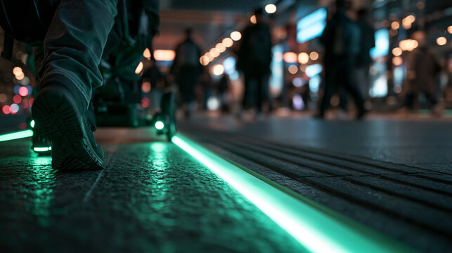 Illuminated Green LED Guidance Strip on Urban Walkway at Night