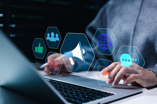 Digital marketing and online advertising concept shows megaphone, audience, social engagement, video, communication icons as marketer manages promotional campaigns, brand outreach, customer engagement
