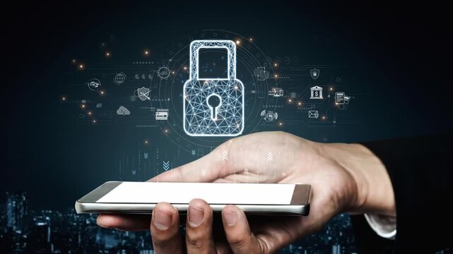 Cybersecurity protection system showing password encryption, fingerprint ID, cloud security, email, credit card, and database lock for secure data access Marrow