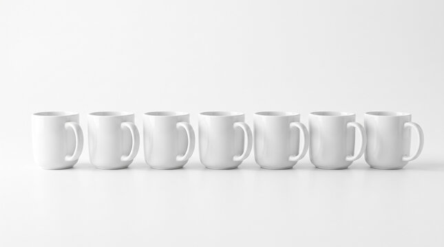Row of seven identical white ceramic coffee mugs on a clean minimalist background