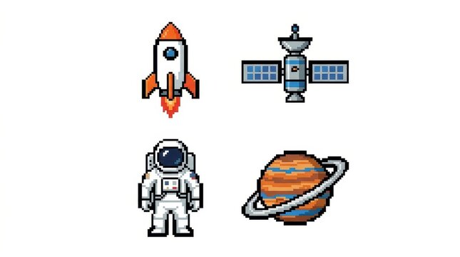 Pixel Art Space Icons Set with Rocket, Astronaut, Satellite and Planet Isolated on White