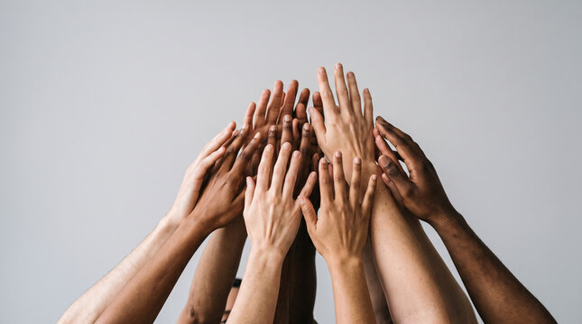 Diverse group of people stacking hands together as a symbol of unity and teamwork
