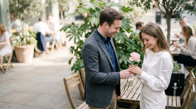 Man gives single pink rose to smiling woman at outdoor cafe, romantic first date moment with copy space