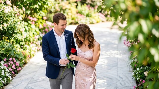 Man offers red rose to shy woman walking on sunny garden path, romantic first date moment