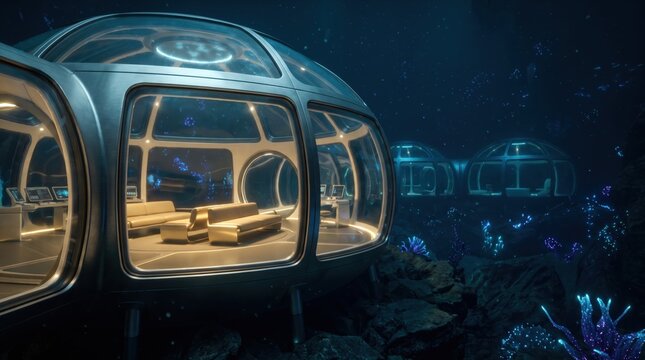 Underwater futuristic habitat with transparent domes, modern living space.
