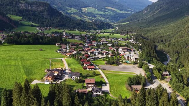 Aerial View Of Krimml Village In Austrian Alps

Drone footage of Krimml village surrounded by green alpine mountains, Austria, 11 August 2026.
