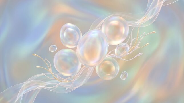 Abstract ethereal iridescent pearls and flowing ribbons on a soft gradient background.
