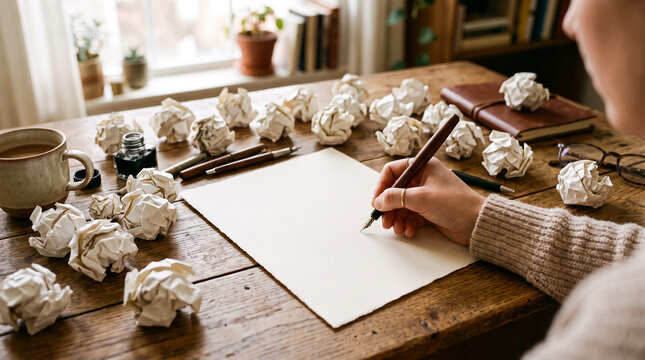 Person writing on blank paper with many crumpled paper balls on a wooden desk