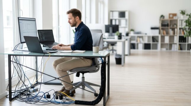 Office worker with messy desk cables managing IT systems in a bright, modern workspace with copy space