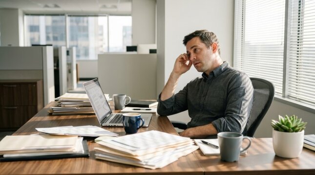 Tired businessman overwhelmed by work at a cluttered desk, feeling stressed and exhausted in natural morning light.