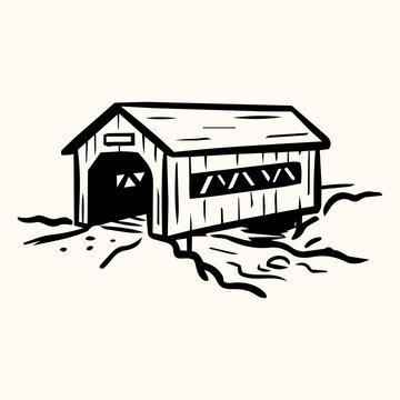 Hand drawn Vermont covered bridge vector icon for countryside and travel themes