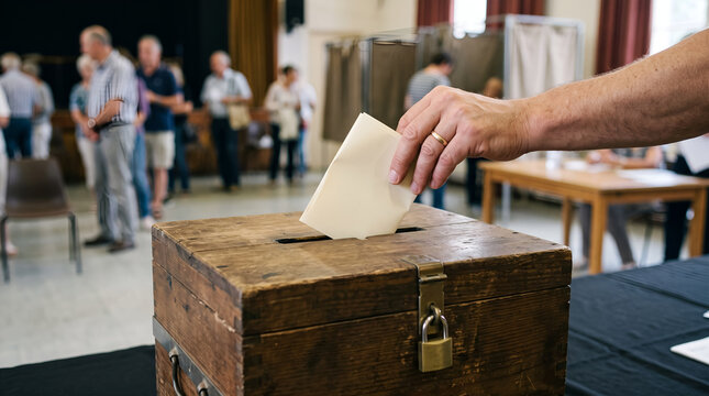 Voter casting ballot into wooden ballot box at polling station