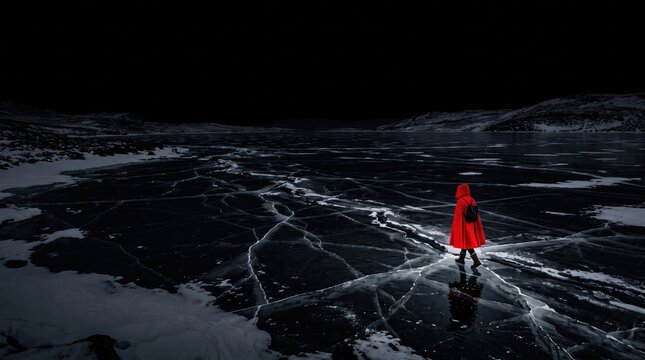Hooded figure in red coat walks across cracked frozen lake during dark arctic winter night.