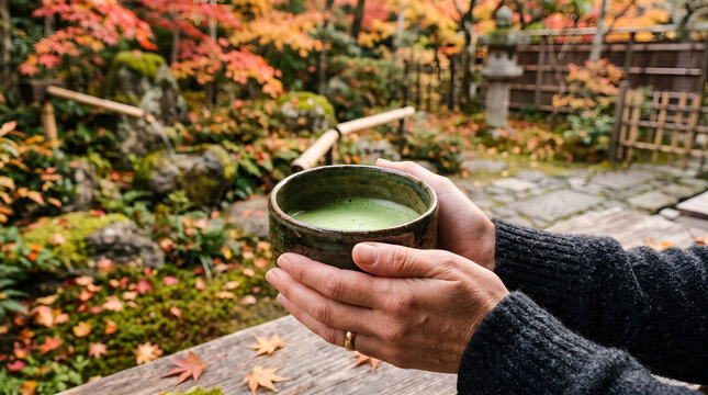 Person holding a cup of matcha tea in a Japanese garden during autumn