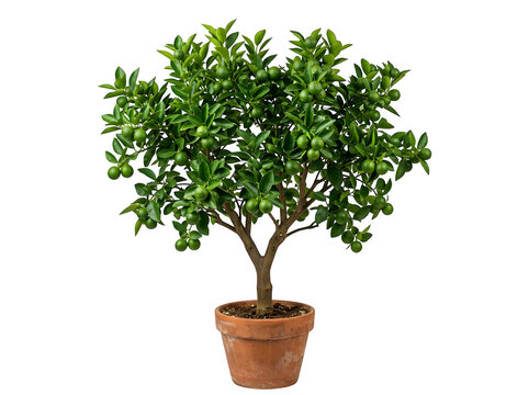 A small potted calamondin citrus tree with green fruits isolated on transparent background