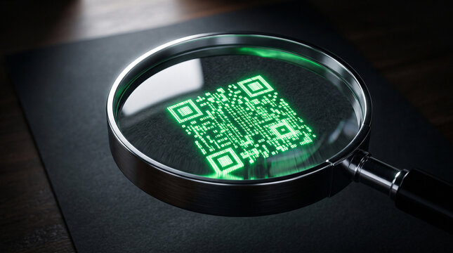 Magnifying Glass over Glowing Green QR Code on Slate, Metaphor for Carbon Auditing, ESG Verification and Anti Greenwashing
