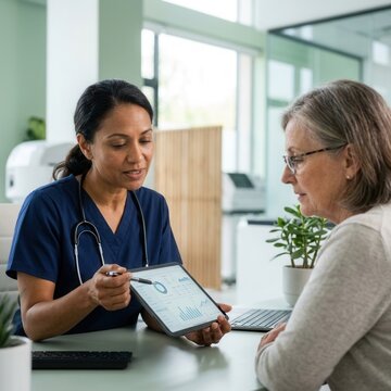 Healthcare Consultation Professional Shows Medical Data On Tablet