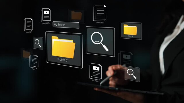 Digital workspace with interactive file management interface showcasing folders, documents, and search functionality on a dark background Gluon.