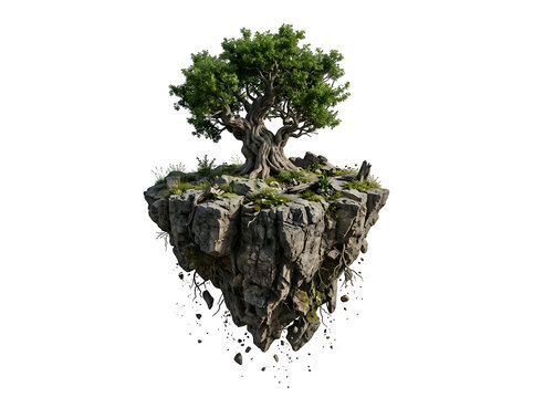 A majestic ancient tree growing on a floating rocky island isolated on transparent background