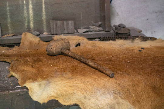 animal hide flayed with a wooden mallet